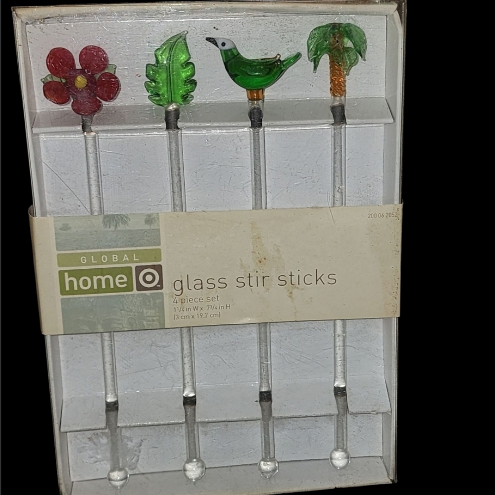 Global Home 4 Piece Glass Stir Stick Tropical Floral Summer Bar Accessories NIP